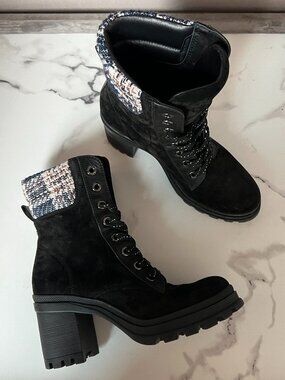 Veronica Beard Black Suede Heeled Combat Boots Size 8